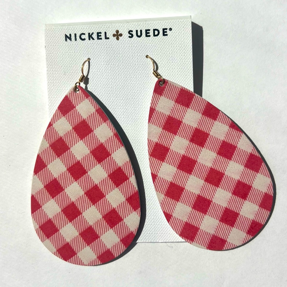 NEW Nickel & Suede Red Gingham Teardrop Earrings – Large